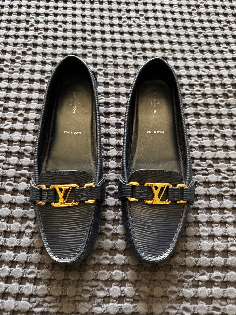 Louis Vuitton Navy Blue Epi Leather Loafers with Gold LV Hardware - Picture 1 of 7
